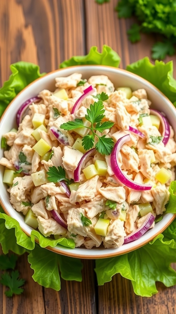 A bowl of chicken salad with shredded chicken, celery, and red onion, garnished with parsley on lettuce.
